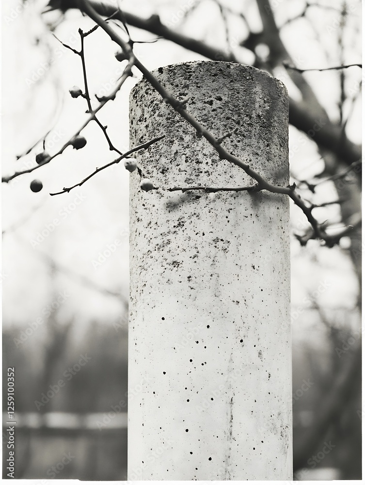Fototapete abstract black and white image of a concrete post with branches in a natural setting : generative ai