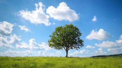 Obraz premium Lone Tree on a Green Field Under a Bright Blue Sky with Fluffy Clouds : Generative AI