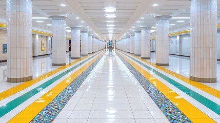 Subway station corridor, bright lighting, tiled floor, elegant pillars, background transit