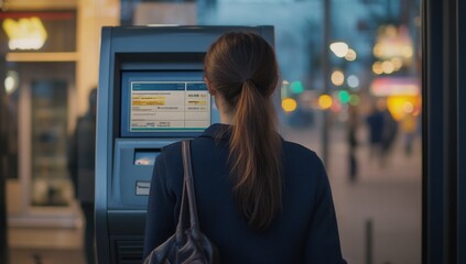 Woman Using an ATM at Night in the City