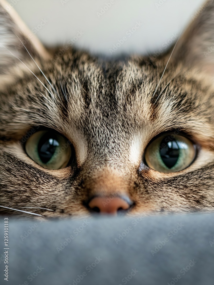 Poster close-up of a curious cat with striking green eyes and soft furry features : generative ai