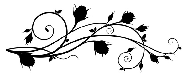 Black silhouette of a branch with rosebuds and leaves isolated on a white background. Floral vintage decorative element with rosebuds. Vector illustration