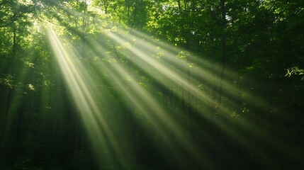 Dramatic sunlight rays piercing through lush green forest creating mystical ambiance : Generative AI