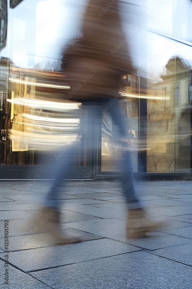 Poster dynamic motion blur of person walking on urban street to portray activity and movement : generative 