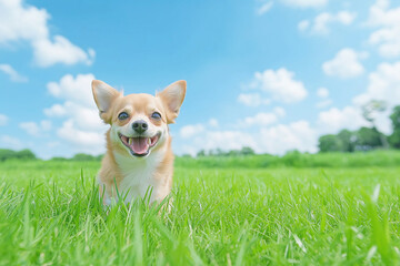 Chihuahua dog smiling happily on green grass outdoors in nature under a bright sky