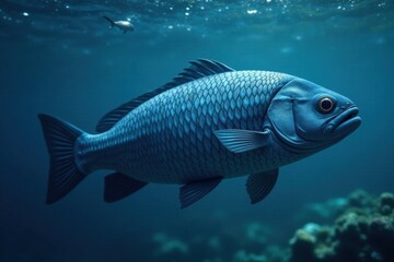 Naklejka premium Dark blue ocean surface reflected in a fish's scales, water, underwater