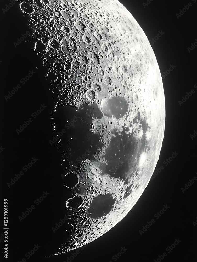 Poster astounding close-up of the moon displaying its detailed craters and textures in black and white : ge