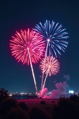 Crimson and blue fireworks illuminate the night, spectacle, romantic
