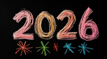 Colorful Chalk Art Representing the Year 2026, Featuring Brightly Colored Stars and Festive Elements on a Black Background for New Year Celebrations
