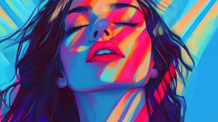 Naklejka premium Vintage pop art woman's face, colorful rays background, 16:9