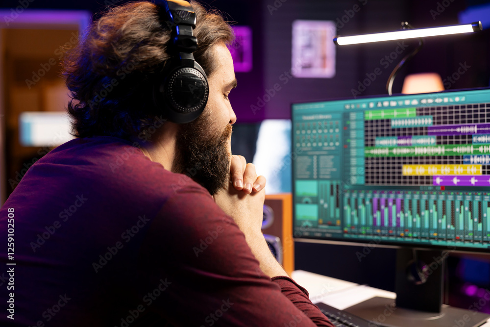 Leinwandbilder music engineer listening his audio recording on headset after editing and adding new sound effects i