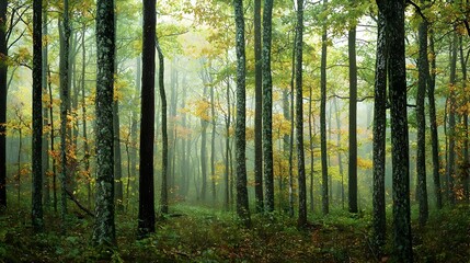 Naklejka premium Misty Autumn Forest Scene with Golden Sunlight