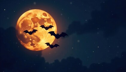 Dark silhouette of bats flying together against a full moon background, halloween, lunar, moon