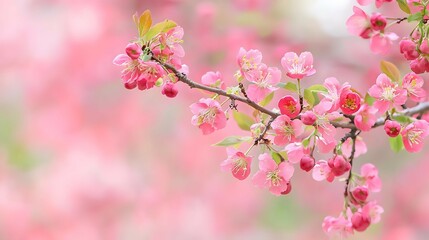 Obraz premium Delicate Pink Blossoms on Branch Soft Focus Background
