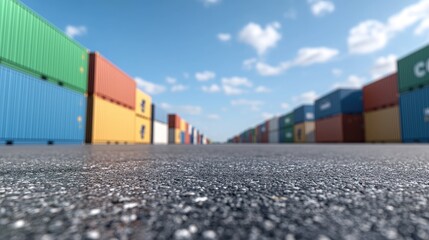 Colorful shipping containers at a port. Perspective from ground level.  Possible use Stock photo for logistics, shipping, freight