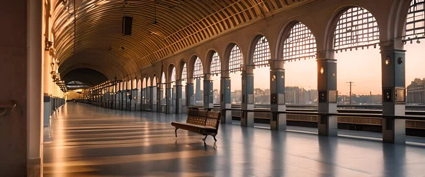 A dimly lit, empty train station at dusk, with soft golden light filtering through large arched windows