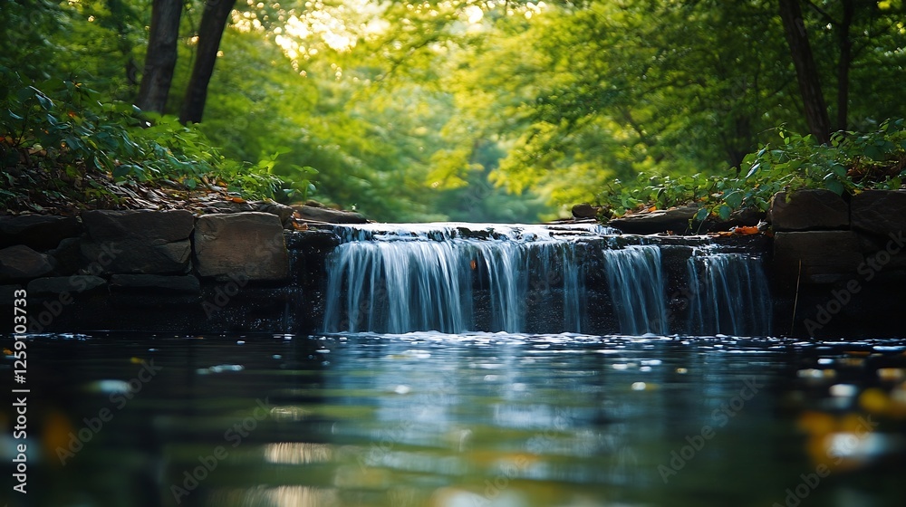Aufkleber serene forest stream with gentle waterfall in lush green surroundings : generative ai