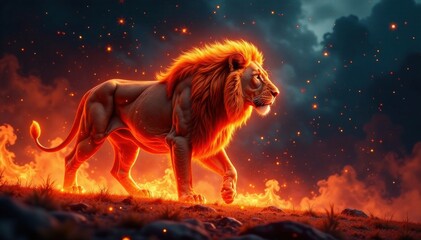 Digital lion with fiery breath and flames, fantasy, digital art, fire