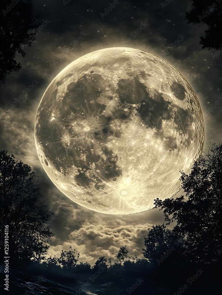 Poster stunning full moon surrounded by dramatic clouds creating a captivating night sky scene : generative