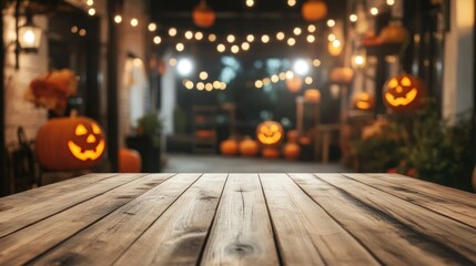 Fototapeta premium Wooden Table Halloween Jack O Lantern Night Scene