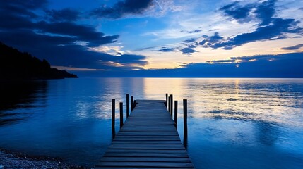 Fototapeta premium Scenic Lakefront Jetty at Sunset Illuminated by Rays of Pink and Blue Sky : Generative AI