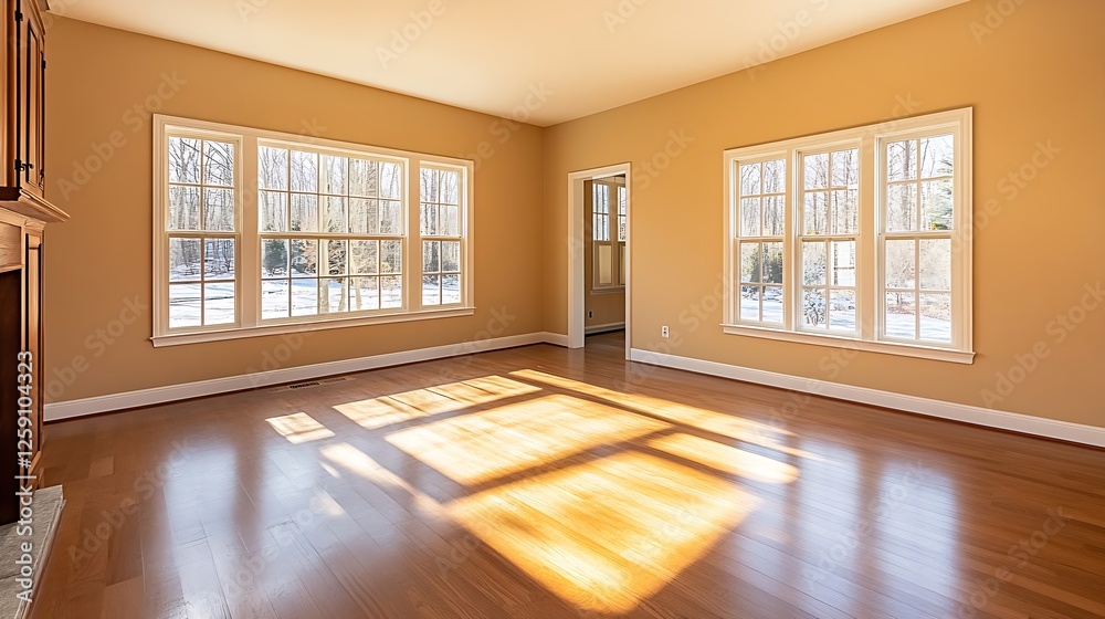 Poster bright and spacious empty living room with large windows and sunlight : generative ai