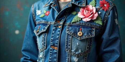Distressed denim jacket with embroidered floral patterns, distressed denim, clothing items