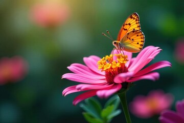 Obraz premium Delicate butterfly perched on a vibrant flower with petals and sepals, floral pattern, bloom, butterflies