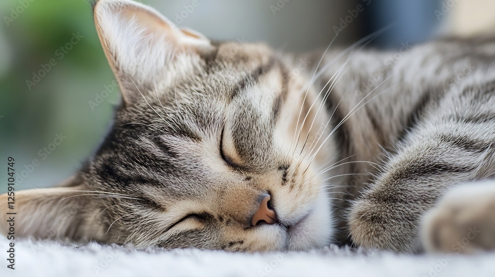 Poster cute sleeping tabby cat relaxing peacefully on soft surface in natural light : generative ai