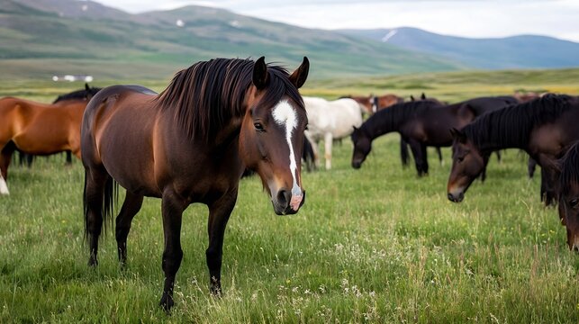 Majestic Group of Horses Grazing in Lush Green Pasture Under Bright Blue Sky : Generative AI