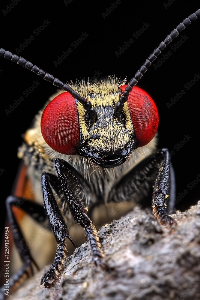 Aufkleber Close Up of Colorful Insect with Red Eyes on Dark Background in Nature's Macro View : Generative AI
