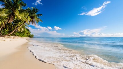 Tropical Beach Paradise with Palm Trees and Clear Blue Sky Perfect for Relaxation and Getaways : Generative AI