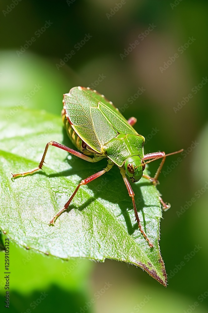 Aufkleber close up of a vibrant green leaf bug resting on a leaf in natural habitat : generative ai