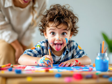 Naklejki Curly child draws with paints under the guidance of mom