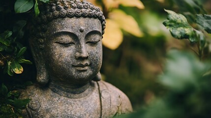 Peaceful Buddha Statue Surrounded by Lush Greenery in a Serene Garden Setting : Generative AI