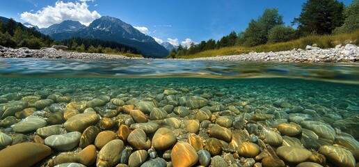 Crystal Clear Riverbed: A Stunning Alpine Scene