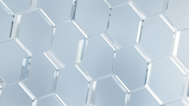 Glass hexagons abstract background. Bright hexagonal surface motion texture. Clean blank with copy space for scientific concept. Seamless loop.
