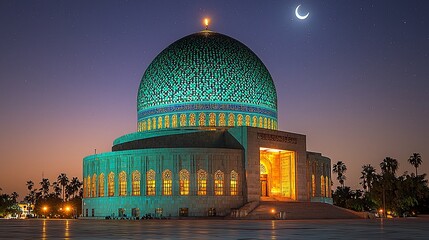 Fototapeta premium Majestic mosque illuminated at dusk with crescent moon, surrounded by palm trees and twilight sky