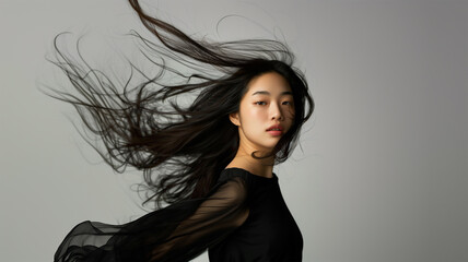 Asian young woman with long hair is standing in front of a white background. This image was AI-generated and has no portrait rights issues.