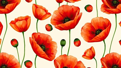 Vibrant Red Poppy Flower Seamless Pattern Botanical Illustration Floral Design Nature Background