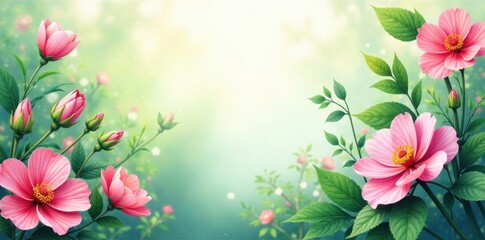 Delicate watercolor blooms amidst lush greenery, floral design, abstract art