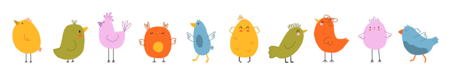 Set Simple Birds. Hand Drawn color vector birds on a white background