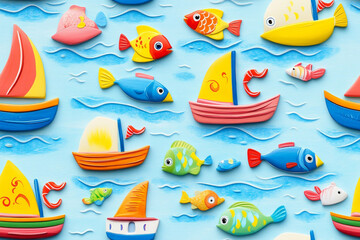 Children's pattern with colorful boats and fish for decorating marine collections, patterns