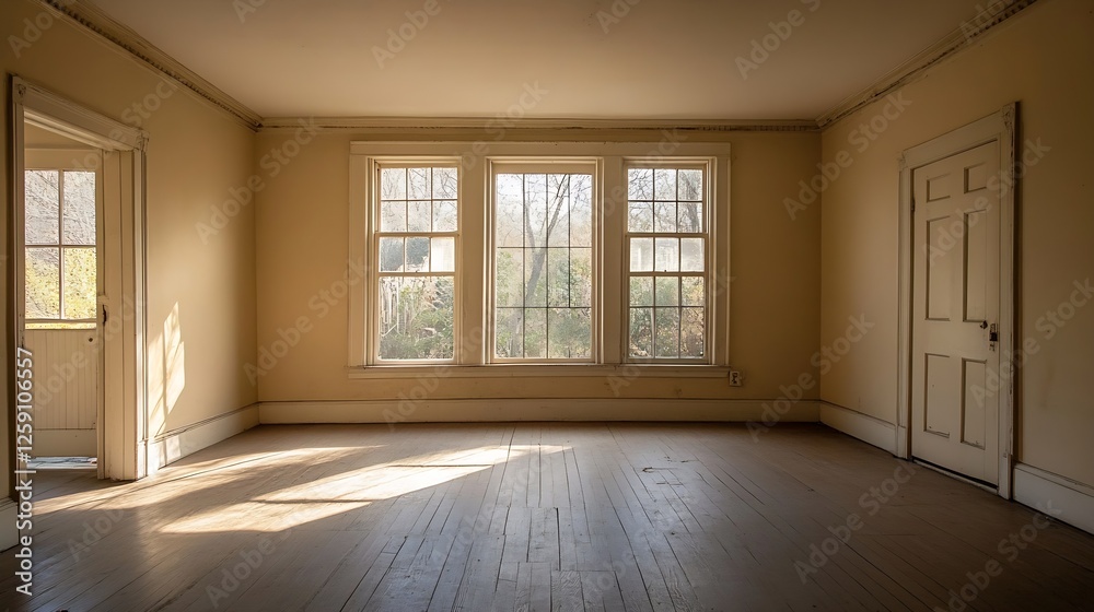 Poster bright and airy abandoned room with large windows and natural light : generative ai