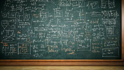 Complex equations and scientific diagrams on a classroom chalkboard during a math lecture - Powered by Adobe