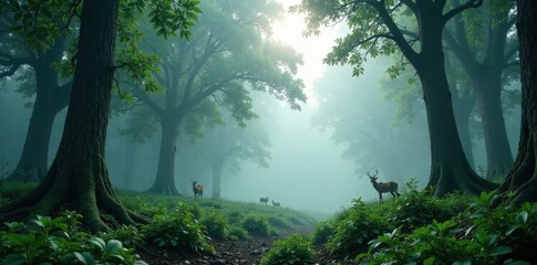 Naklejka premium Dense foliage with towering trees and wildlife in misty atmosphere, green woods, animal silhouette, forest life