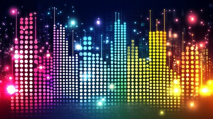 Colorful music equalizer, digital city lights background, audio visualizer, for music websites.