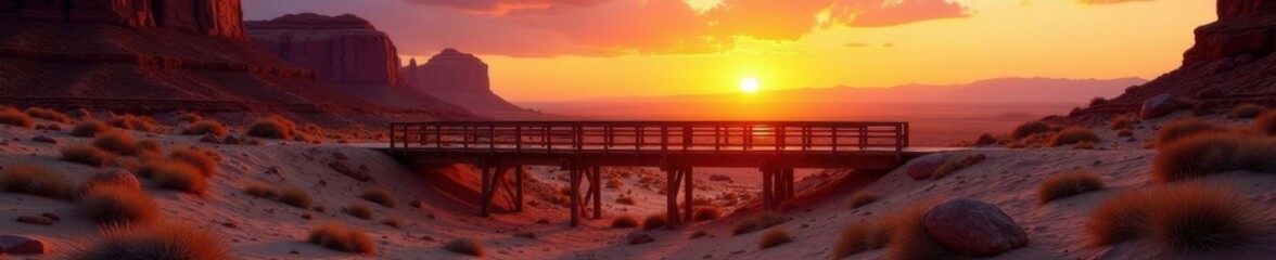 Obraz premium Desert sunset with rocky terrain overlapped by a wooden bridge, wood, landscape