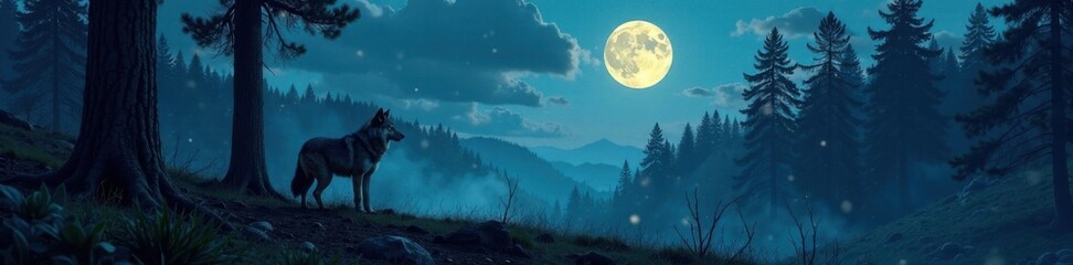 Fototapeta premium Desolate forest landscape with a lone wolf standing at the edge of a clearing, its eyes fixed on the full moon above , full moon, howl, forest