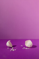Empty eggshell with creative copy space on pastel purple background. Minimal Easter holiday concept.